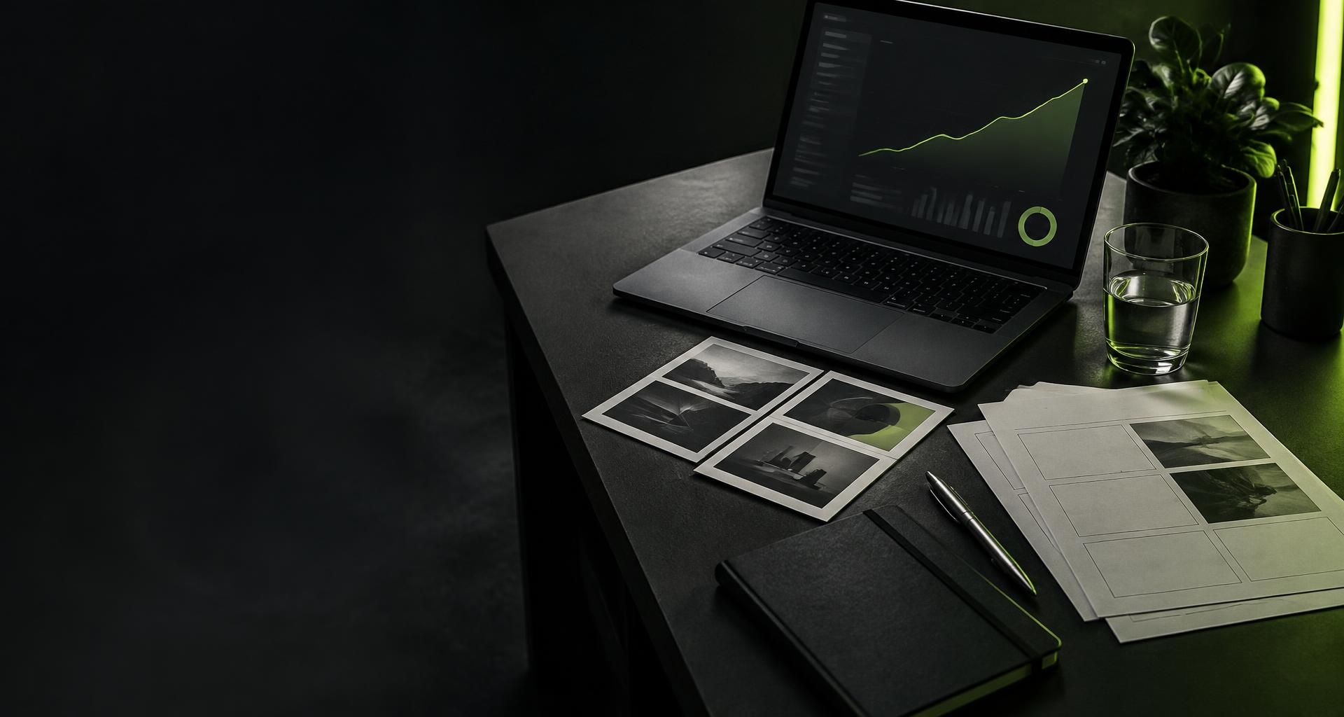 A consulting desk with a laptop showing analytics, storyboard cards and script pages, lit with a lime rim light